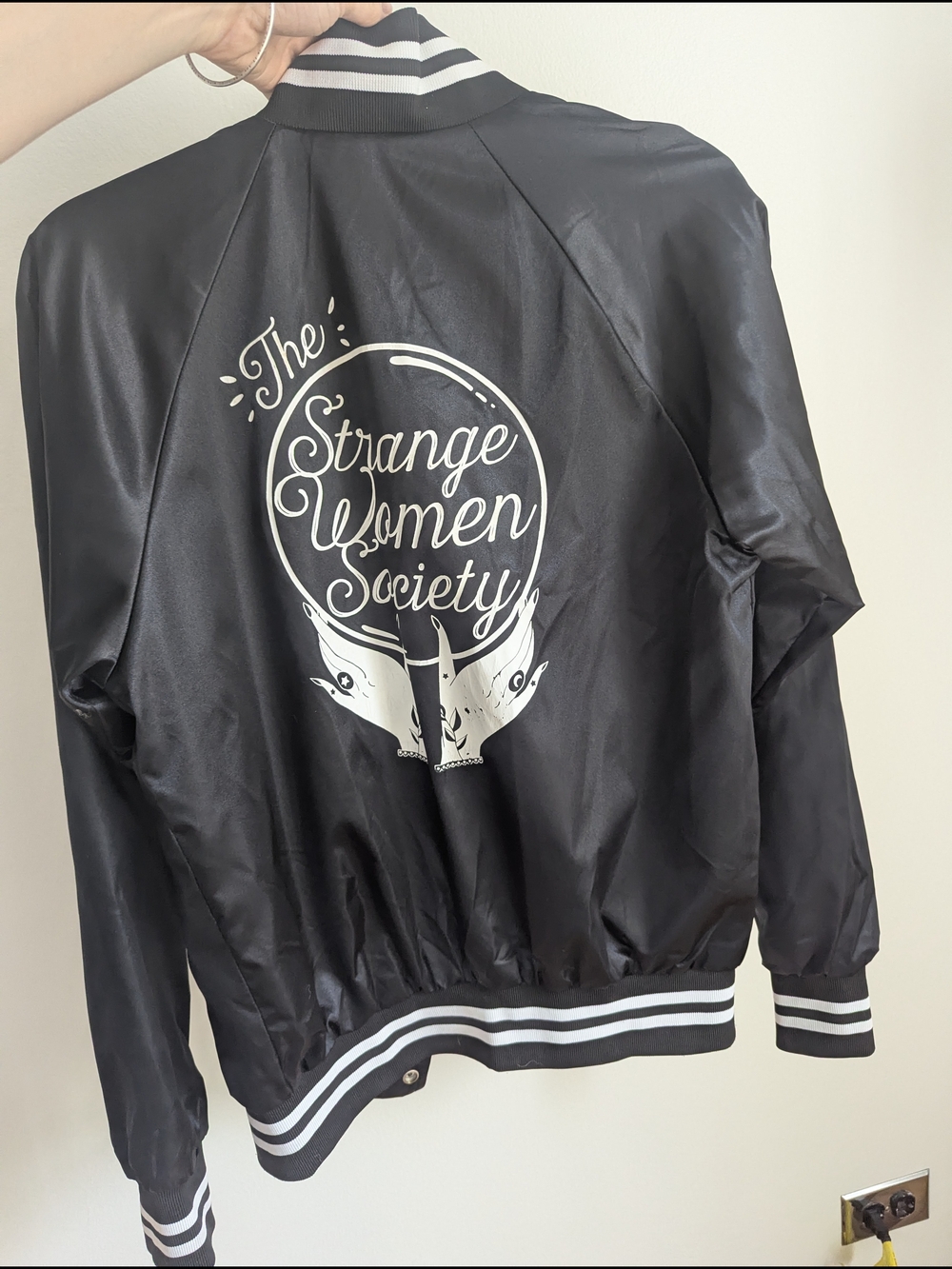 Witchy, Vintage Style 'Strange Women Society' Black Satin Bomber Jacket XS
